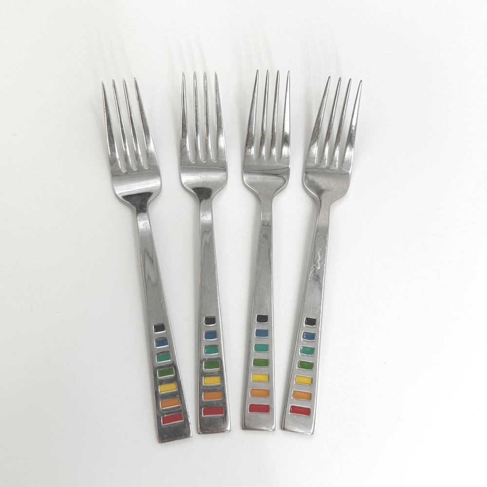 4 Fiestaware Celebration Stainless Dinner Forks Rainbow Inlay Flatware